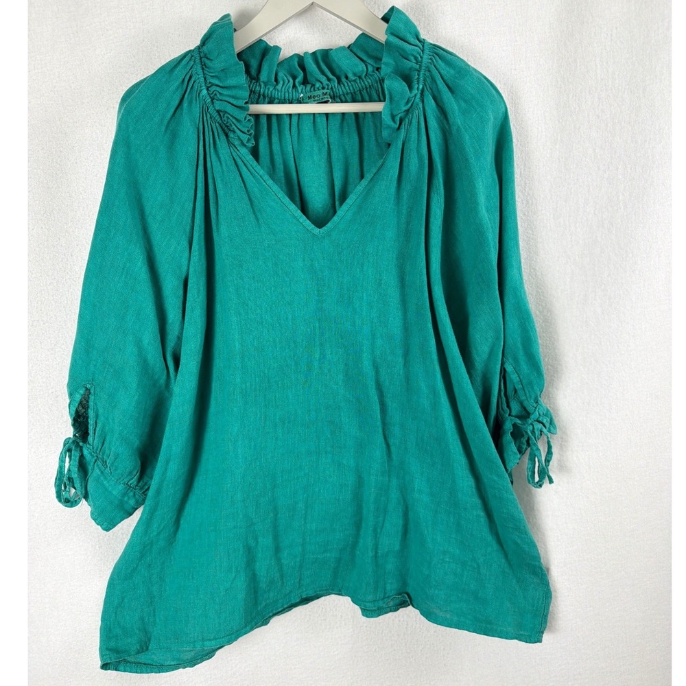 Meo Meli Italy Green 100% Linen Ruffle V-Neck Puff Sleeve Blouse Top Boho Artsy